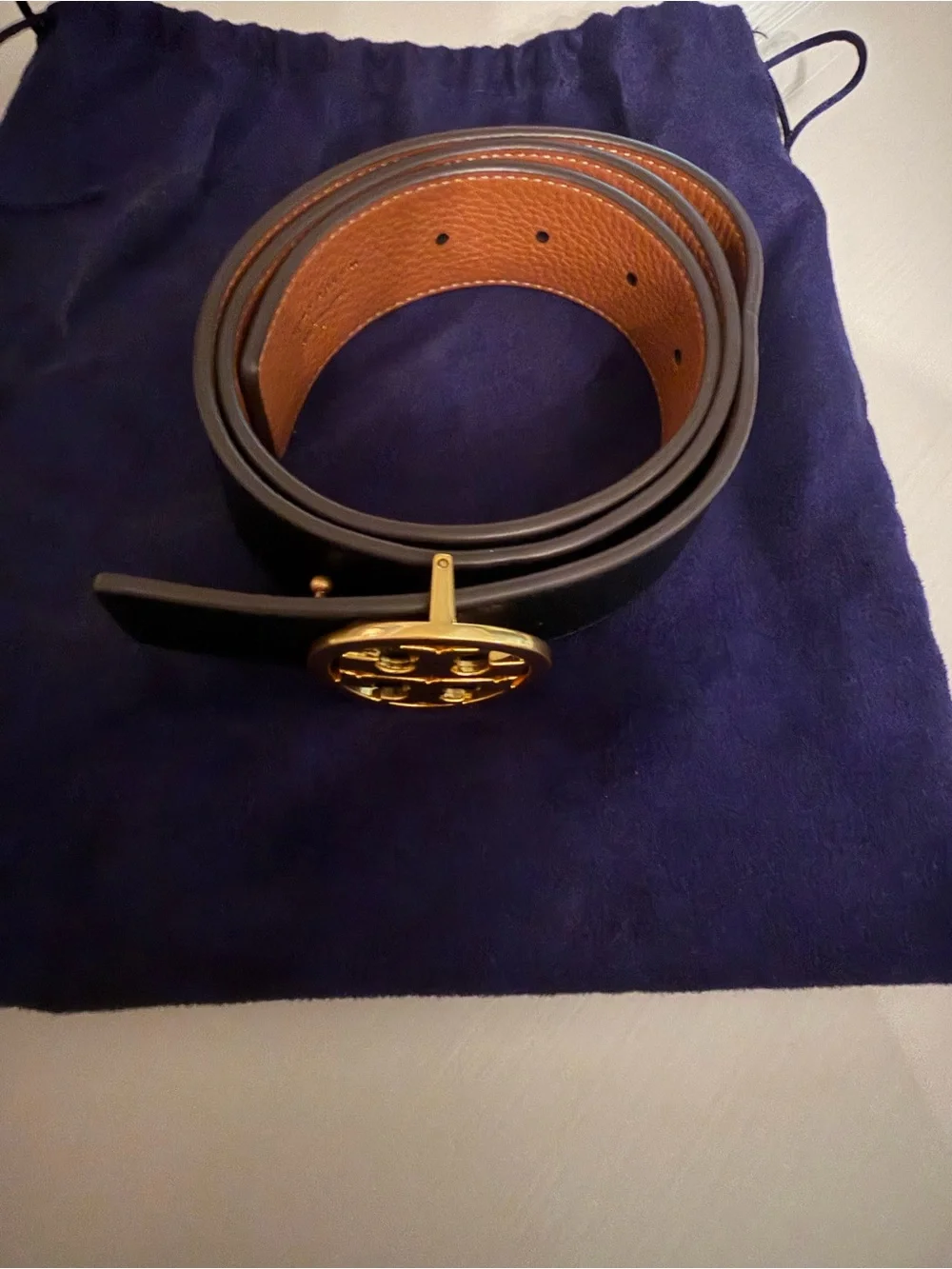 Tory Burch Black Leather Belt with Gold Logo Buckle - Women’s Small